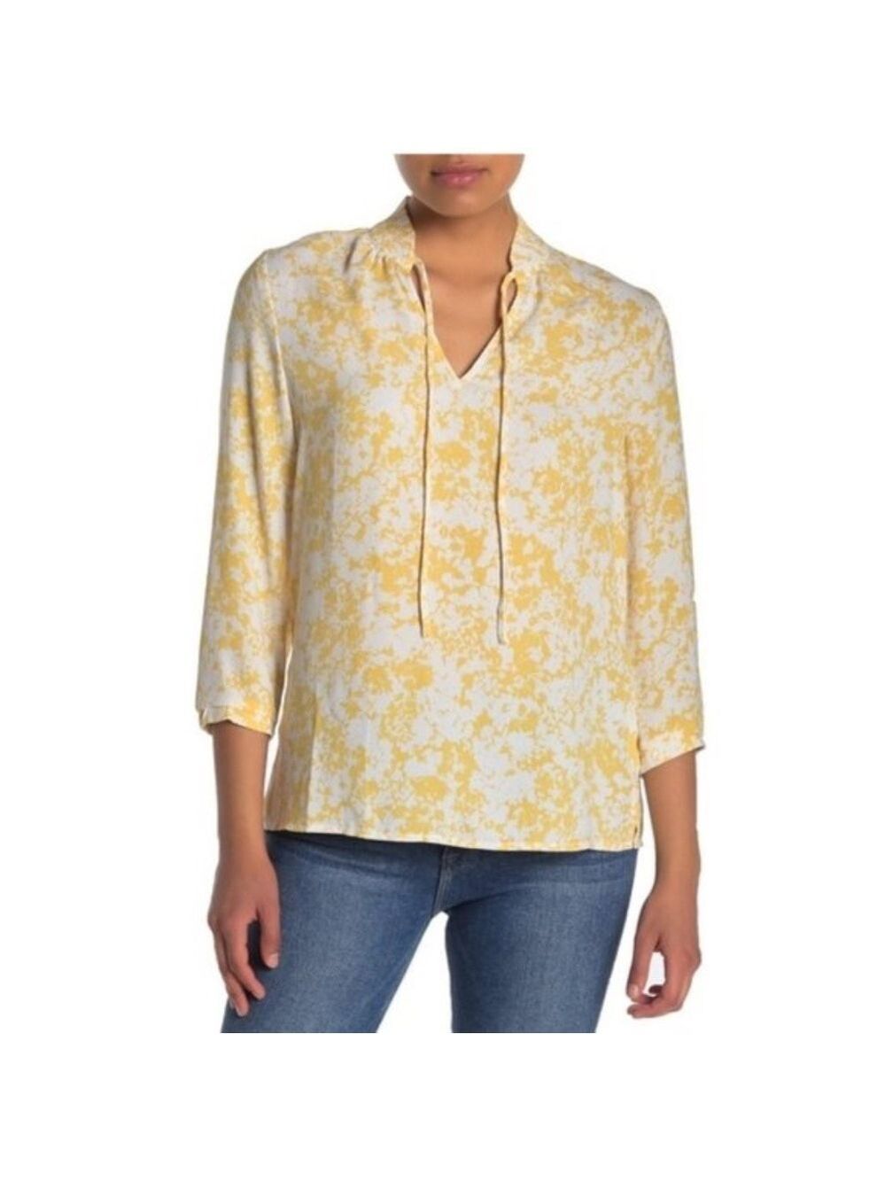 Halogen Pleated Neck 3/4 Sleeve Keyhole Blouse